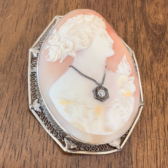 Antique Hand Carved Shell Cameo Habillé Brooch/Pendant 14k/10k Filigree Diamond - Picture 6 of 13